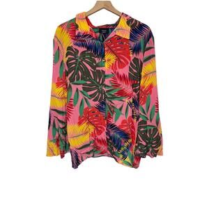 VICI Women's NWT Medium Collared Button Bell Sleeve Top Tropical Palm Multicolor